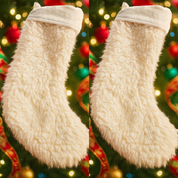 NWT White Faux Fur Sherpa Christmas Stocking 20 Inch Plush Holiday Decor Lot 2 - Picture 1 of 1